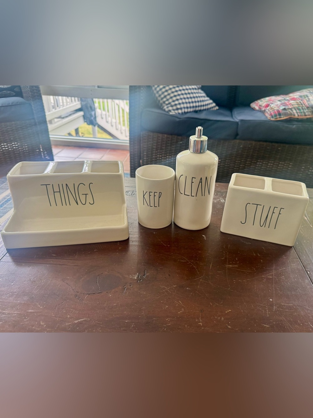 Rae Dunn Cream Ceramic Bath Accessory Set - THINGS KEEP CLEAN STUFF